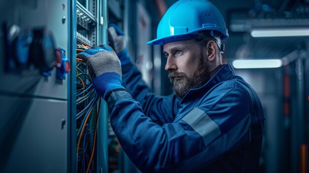 Professional electrician man works in a switchboard with an electrical connecting cable Electrician