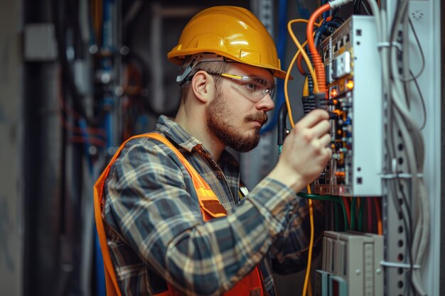 Professional electrician man works in a switchboard with an electrical connecting cable