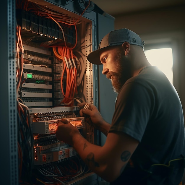 Professional Electrician Man Works in a Switchboard