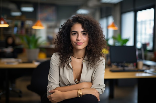 A professional and engaging image depicting a young white woman seated in a creative office