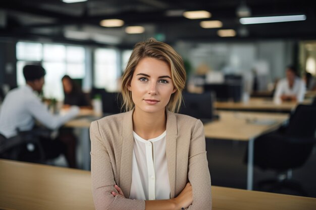 A professional and engaging image depicting a young white woman seated in a creative office