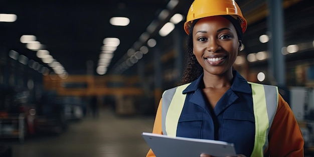 プロのエンジニアの黒人女性労働者の女性工場倉庫でのアフリカの機械メンテナンスチェック工場オペレーターのためのワークショップエンジニアリング女性トレーニングビジネス工場