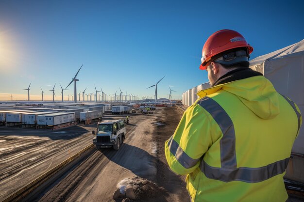 Professional engineer in hard hat and safety gear using digital tablet to inspect wind turbines