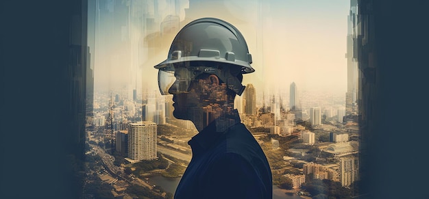 professional engineer in hard hat with a city view in the style of double exposure