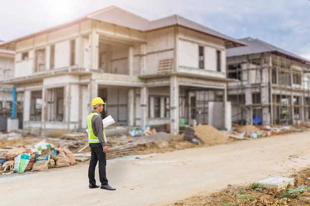 Ingegnere professionista in casco protettivo e progetti nel cantiere di costruzione della casa