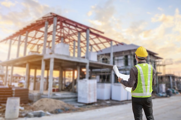 Professional engineer in protective helmet and blueprints paper\
at house building construction site