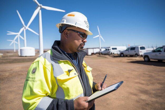 Professional engineer in safety gear performs thorough wind turbine inspection with digital tablet