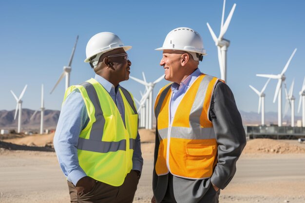 Photo professional engineer in safety gear using digital tablet to inspect wind turbines