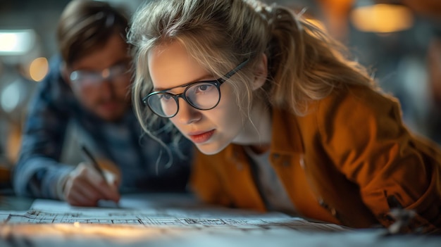 Professional engineer with a safety helmet intently checking complex blueprints with colleague at an industrial manufacturing plant generative ai