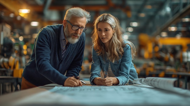 Photo professional engineer with a safety helmet intently checking complex blueprints with colleague at an industrial manufacturing plant generative ai