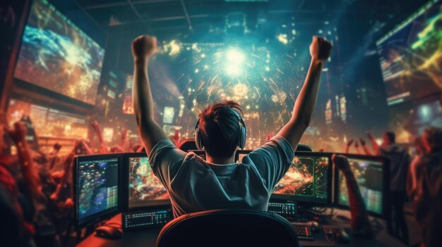 写真 プロのエースポーツゲーマーが勝利を祝う - 美しいゲームルームの背景 - generative ai aig32