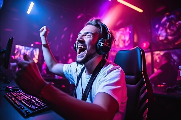 professional eSports gamer rejoices in the victory in cyber game room Gamer celebrating victory Winning a game Electronic sports player rejoices victory