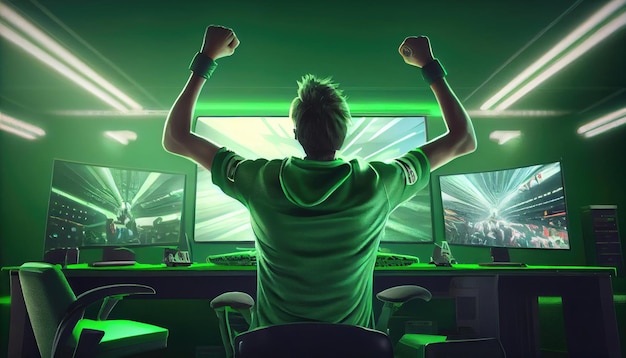 Professional eSports gamer rejoices in the victory and green game room background Generate Ai