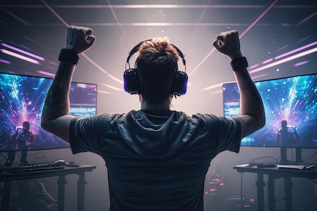 Photo professional esports gamer rejoices in the victory in red blue illuminated game room gamer celebrating victory winning an esports game generative ai electronic sports player rejoices victory