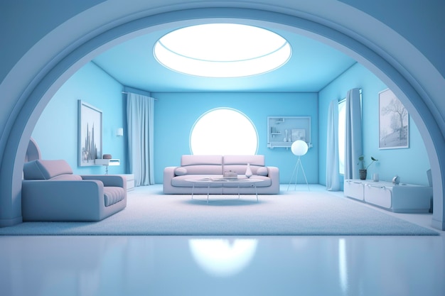 A professional and eye catching light blue with white living room in the metaverse AI Generative