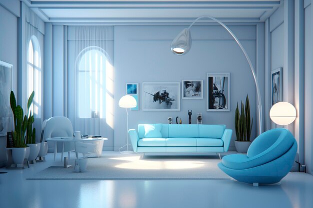 A professional and eye catching light blue with white living room in the metaverse AI Generative