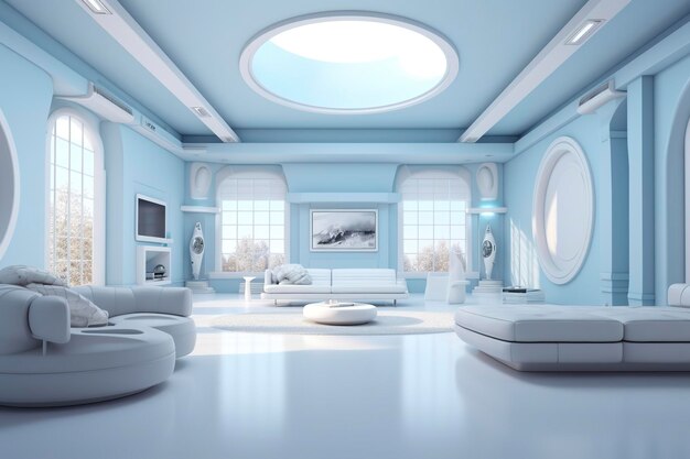 Foto un salotto blu chiaro professionale e accattivante con bianco nel metaverso futuristico ai generative