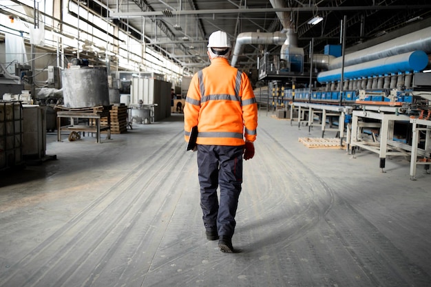 Professional factory worker or engineer walking through industrial production hall with machinery