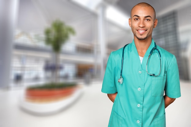 Professional Female African American doctor in hospital. The concept of medicine and health.