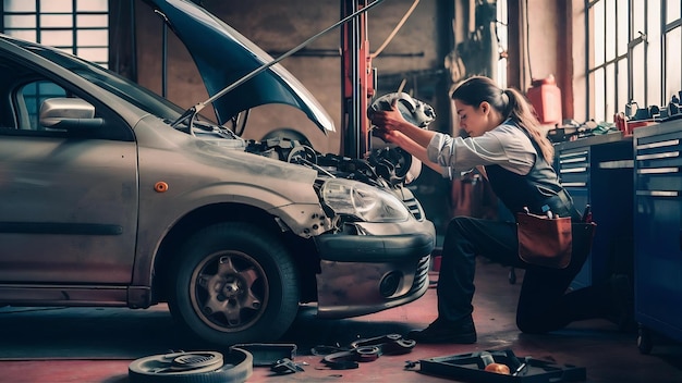 Photo professional female auto mechanic is fixing broken car at auto workshop near window