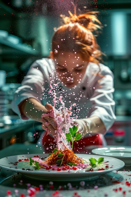 Photo professional female chef artistically garnishing dish in restaurant kitchen with precision and focus