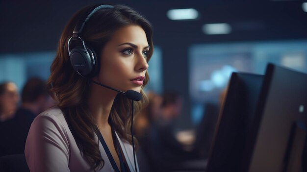 Photo professional female customer service representative with headset in a call center office