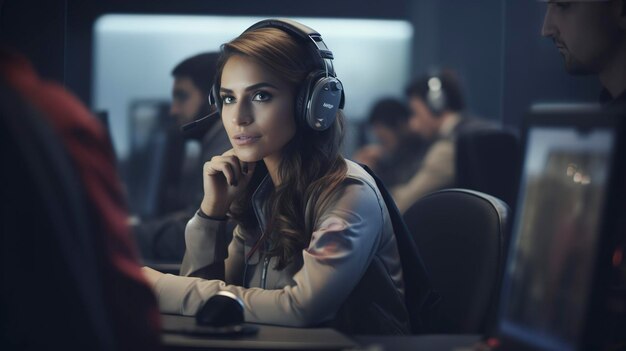 Photo professional female customer service representative with headset in a call center office