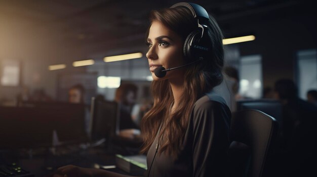 Photo professional female customer service representative with headset in a call center office