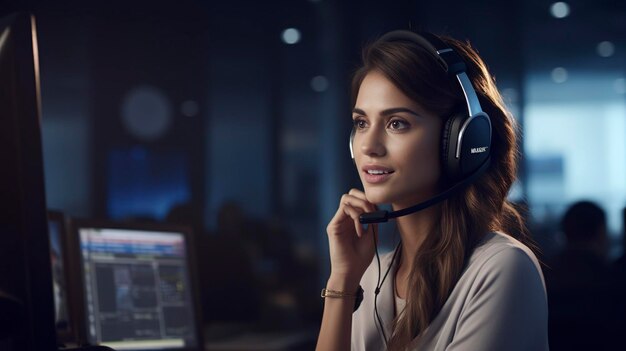 Professional female customer service representative with headset in a call center office