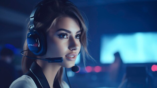 Professional female customer support operator with headset in a call center office