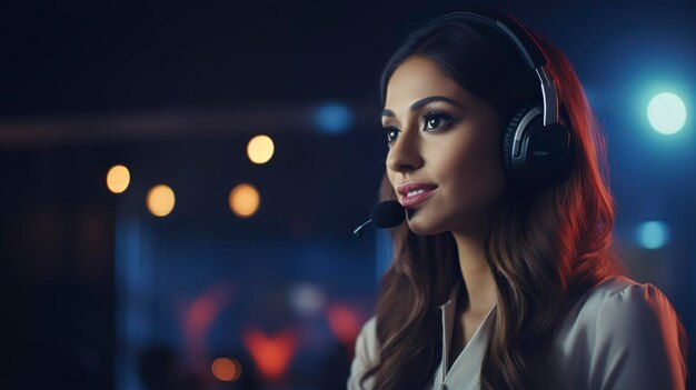 Professional female customer support operator with headset in a call center office