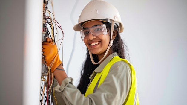 A professional female electrician is smiling while working on a complex electrical panel