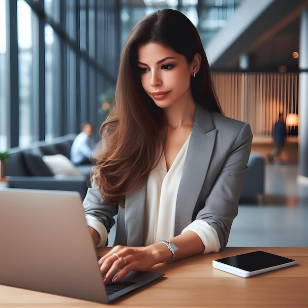 Professional female employee or a businesswoman using a laptop in a modern office