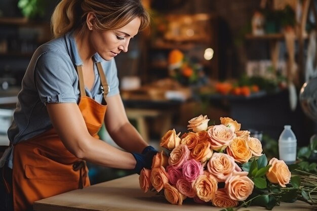 Foto la fiorista professionista in grembiule prepara un bel bouquet di rose per il cliente nel suo negozio