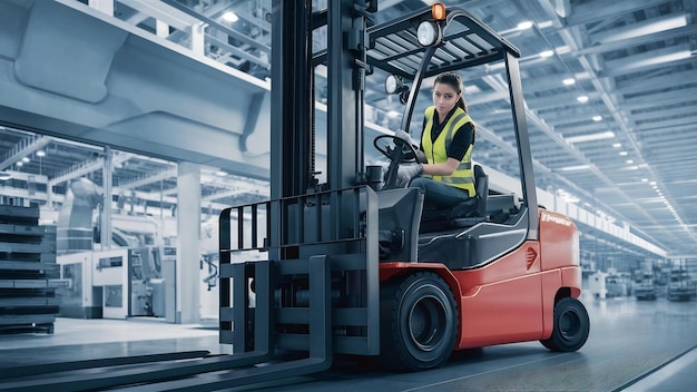 Professional female industrial driver operating forklift machine in factorys warehouse