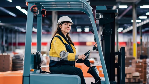 Professional female industrial driver operating forklift machine in factorys warehouse