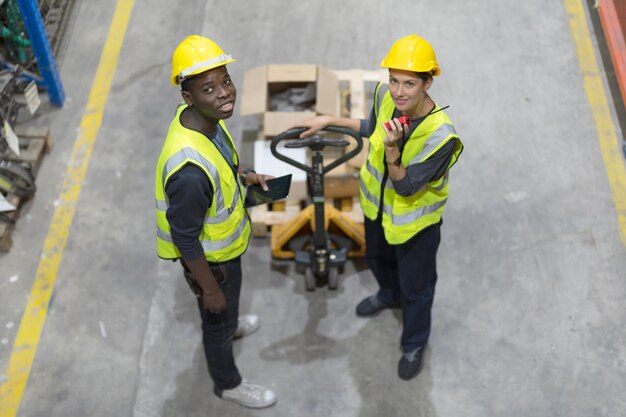 Professional female and male workers working