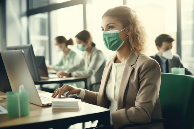 의료 마스크를 착용한 사무실에서 일하는 전문 여성 관리자 사무실 직원들도 마스크를 입고 있습니다.