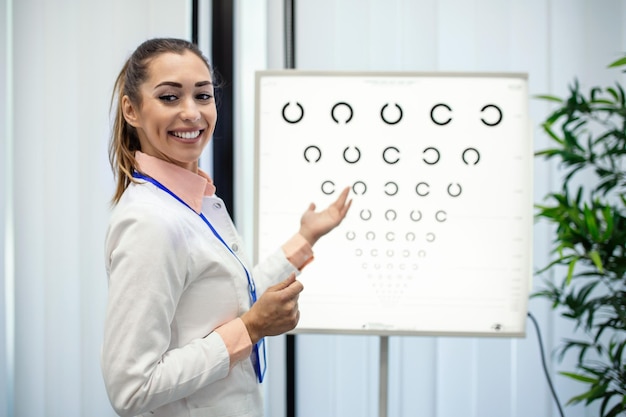 Professional female optician pointing at eye chart timely diagnosis of vision