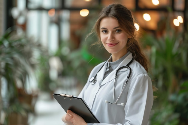 Professional female psychologist in happy mood with clipboard in hand Generative Ai