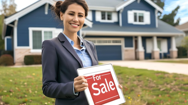 Photo professional female realtor with a for sale sign outside a house smiling confident property market concept ideal for real estate promotions ai