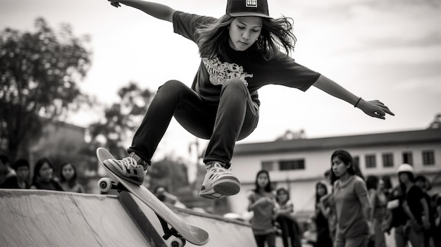 Photo professional female skater playing on a skateboard