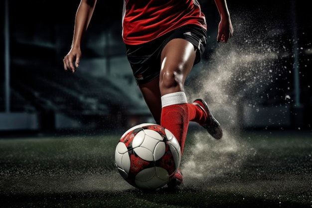 Professional female soccer player scrunches her feets a soccer ball with power