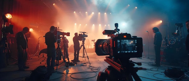 Профессиональная съемочная группа с камерой высокой четкости, штативом и осветительным оборудованием в студийной обстановке Концепция съемок фильма