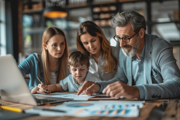 Professional financial advisor illustrating wealth growth strategies to multigenerational families