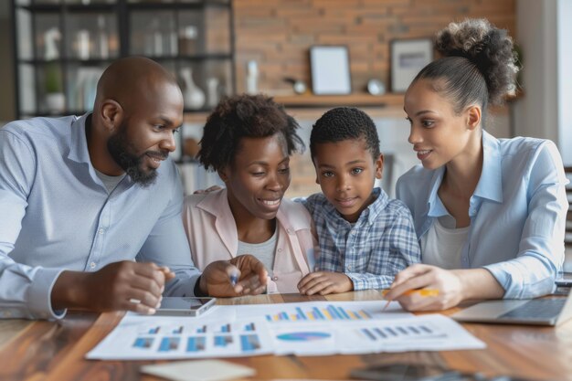 Foto consulente finanziario professionista che illustra strategie di crescita della ricchezza a famiglie multigenerazionali