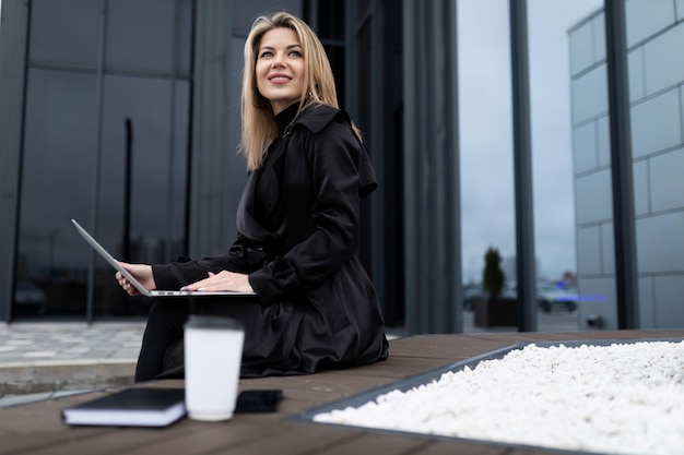 Professional financial female agent sitting in business center campus