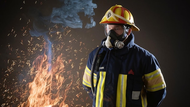 A professional firefighter dressed in uniform and an oxygen mask standing in fire sparks and smoke