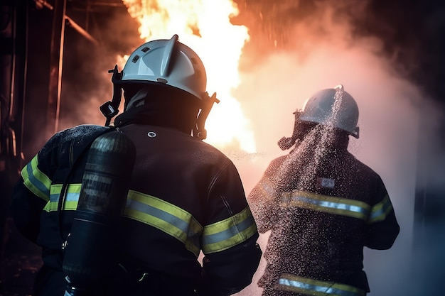 Фото Профессиональный пожарный с газовой маской и шлемом возле горящего огня