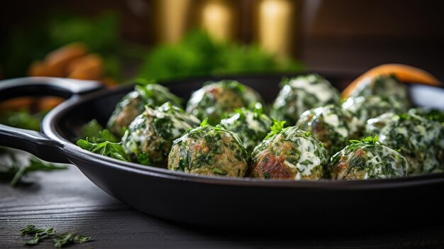 Professional food photography of spinach meatballs